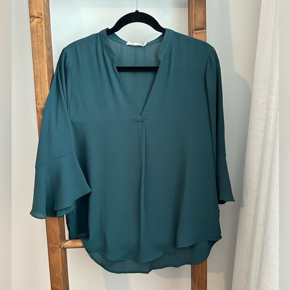 Lush Forest Green Satin Blouse with bell sleeves - Picture 1 of 6